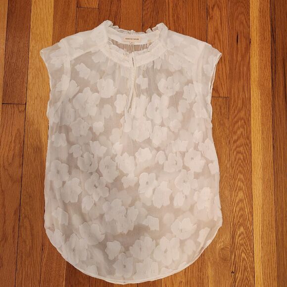 Rebecca Taylor Off-White "Fil Coupe" Sheer Floral Lace Blouse, Silk/Cotton Sz 4 - Picture 8 of 10